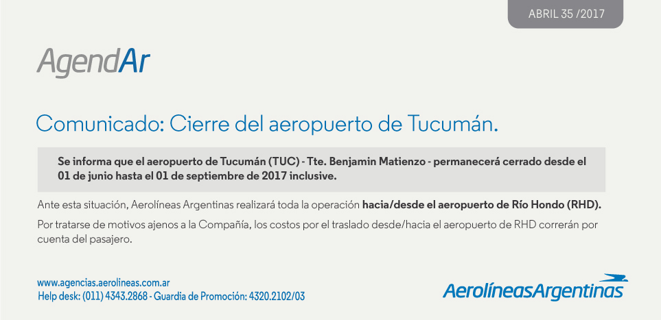 Comunicado: Cierre del aeropuerto de Tucumán